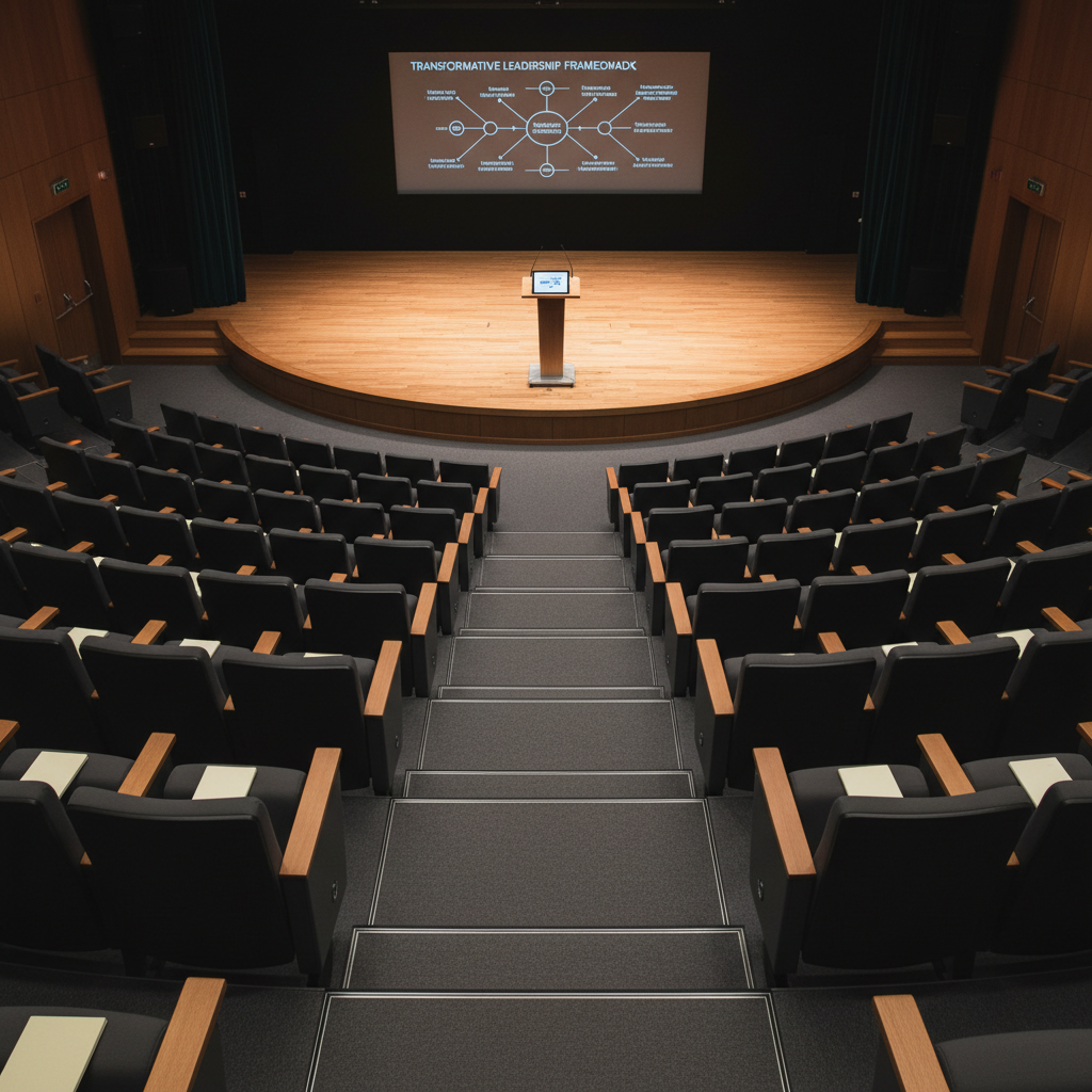 A polished training auditorium featuring an elevated wooden stage at the center, its surface smooth and warm-toned, with a single, slim lectern holding a tablet displaying a complex leadership framework diagram. Tiered rows of empty, charcoal-gray seats curve around the stage, each with a small, folded notebook resting on the armrests. Soft overhead spotlighting illuminates the stage while the audience area remains in gentle shadow, emphasizing focus and anticipation. Shot from the back of the room with a slightly elevated perspective in photographic realism, the composition uses leading lines from the aisle and seats to draw the eye to the stage, conveying a professional, forward-thinking environment for leadership seminars and keynotes.