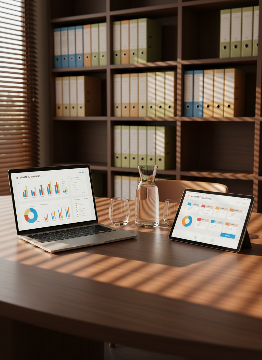 A sophisticated mentorship and coaching setting centered on a large, oval wooden table with a subtle satin finish, divided into clearly defined zones: one side features a laptop with a digital leadership competency dashboard, the other side shows a tablet with language-learning exercises and translation tools. Between them stands a slim glass carafe of water and two untouched crystal glasses. Behind the table, a floor-to-ceiling bookshelf displays neatly aligned binders labeled with colored tags and minimalist icons representing communication, technology, and growth. Warm evening light filters through horizontal blinds, creating soft stripes of light and shadow. Captured in photographic realism from a three-quarter angle, with shallow depth of field, the mood is intimate and focused, ideal for one-on-one executive mentorship.